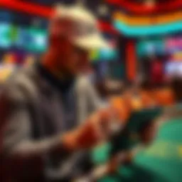 A golfer analyzing statistics and data on a digital tablet.