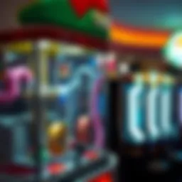 A close-up view of a cash claw machine showcasing its intricate mechanics and colorful design.