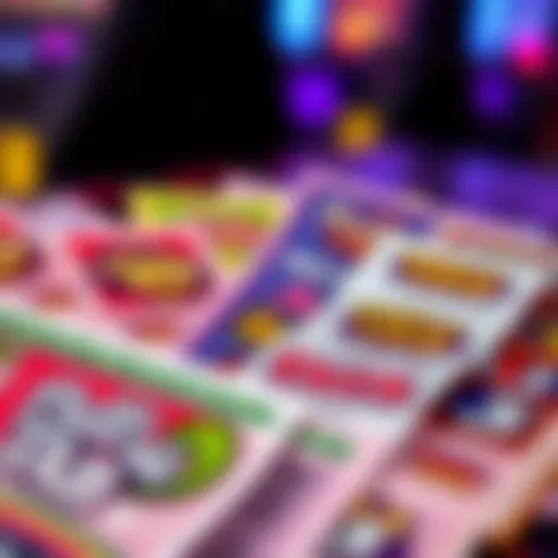 A close-up view of colorful pull tab tickets showcasing unique designs.