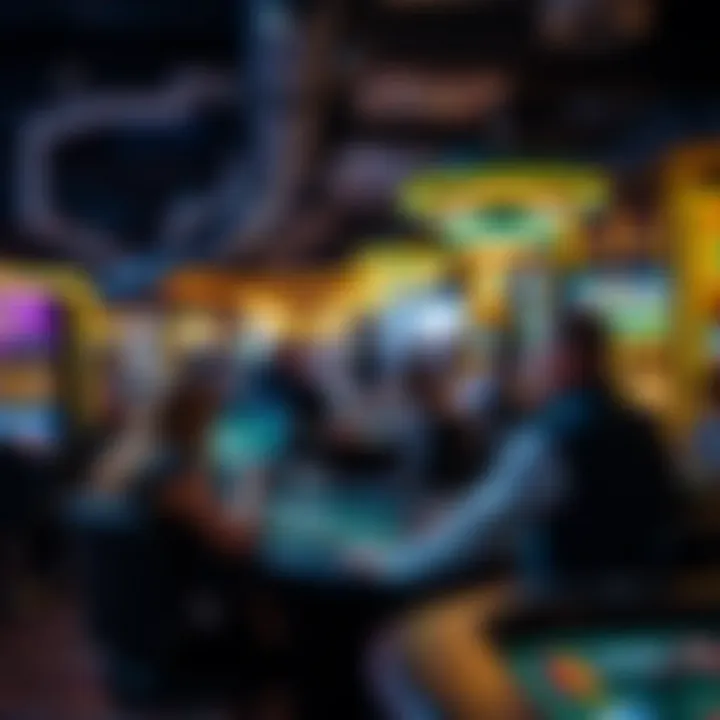 A detailed illustration of a virtual casino environment with players engaging in various games.