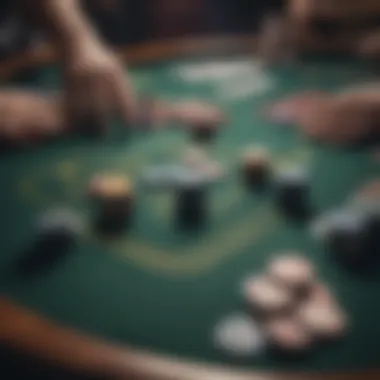 A detailed view of poker chips and cards arranged for a game