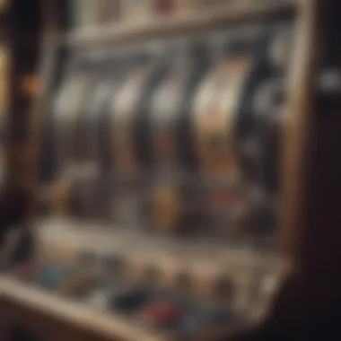 Detailed close-up of a vintage slot machine highlighting its features.