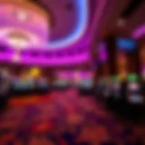An elegant interior of a modern casino showcasing vibrant lighting and luxurious decor