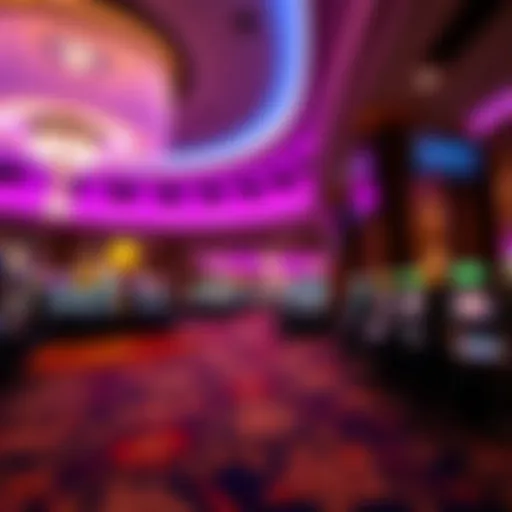 An elegant interior of a modern casino showcasing vibrant lighting and luxurious decor
