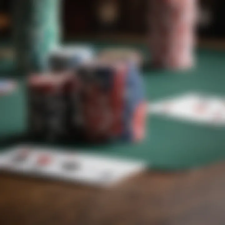 A close-up view of poker chips and cards on a table, symbolizing the thrill of poker.