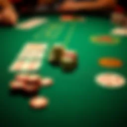 Detailed layout of a 5 card poker table with chips