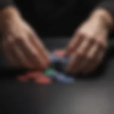 A close-up view of a player arranging poker chips before the game begins.